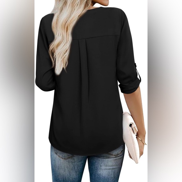 Youtalia Dressy Casual 3/4 Sleeve V Neck Chiffon Shirt Work Blouses, Black, XXL - Picture 3 of 8